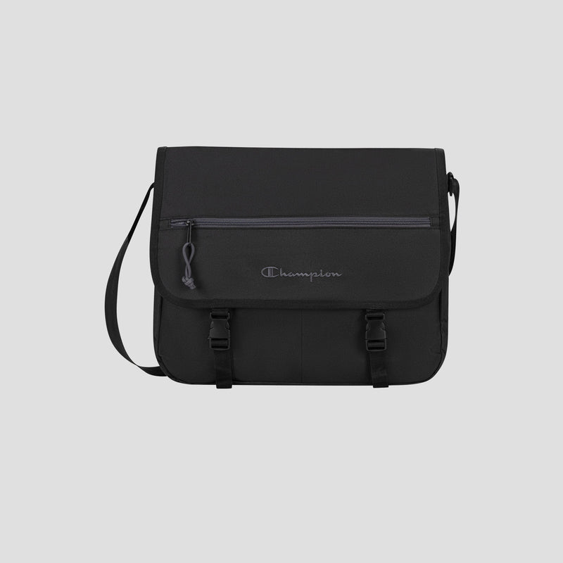 The Champion Phase Messenger Bag features a front zipper pocket, flap closure with two buckle fastenings, and the iconic Champion logo on the front. Designed for functionality, this commuter bag includes an adjustable shoulder strap and an interior laptop sleeve for added convenience.