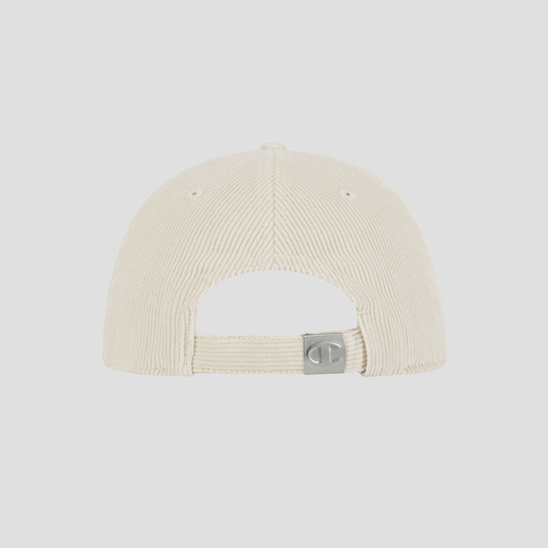 Back view of the Champion Ridge Corduroy Adjustable Cap in beige, showcasing an adjustable back closure with a silver metal buckle engraved with the iconic C logo. This vintage-inspired accessory is displayed against a plain white background.