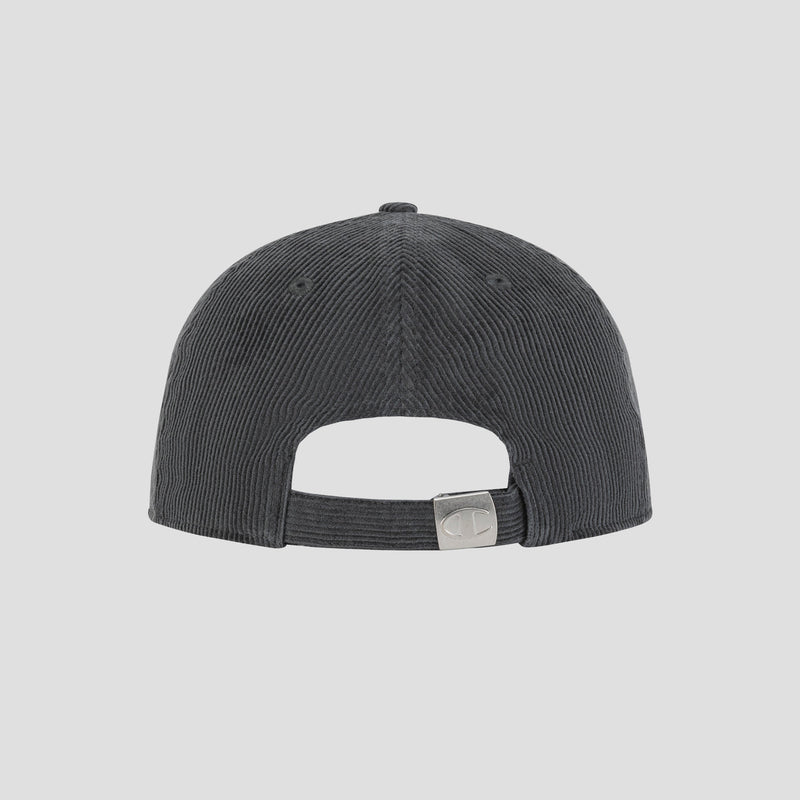 The Champion Ridge Corduroy Adjustable Cap is displayed from the back in dark gray, showcasing its adjustable strap with a metal clasp and an open section above the closure for a relaxed fit.
