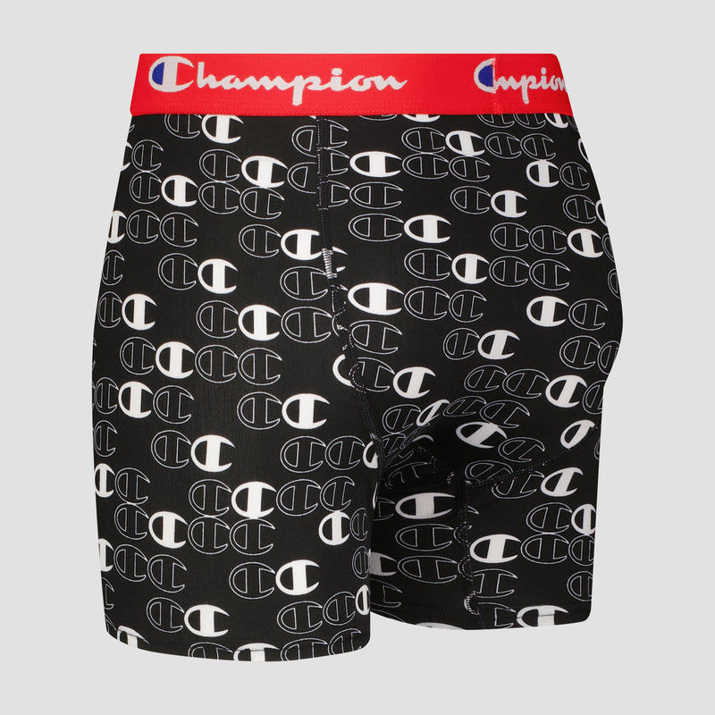 The Champion 3Pk Performance Boxer Briefs feature a black design with white repeating logos and a red waistband with "Champion" in white and blue script, offering stretch comfort and style for everyday wear.