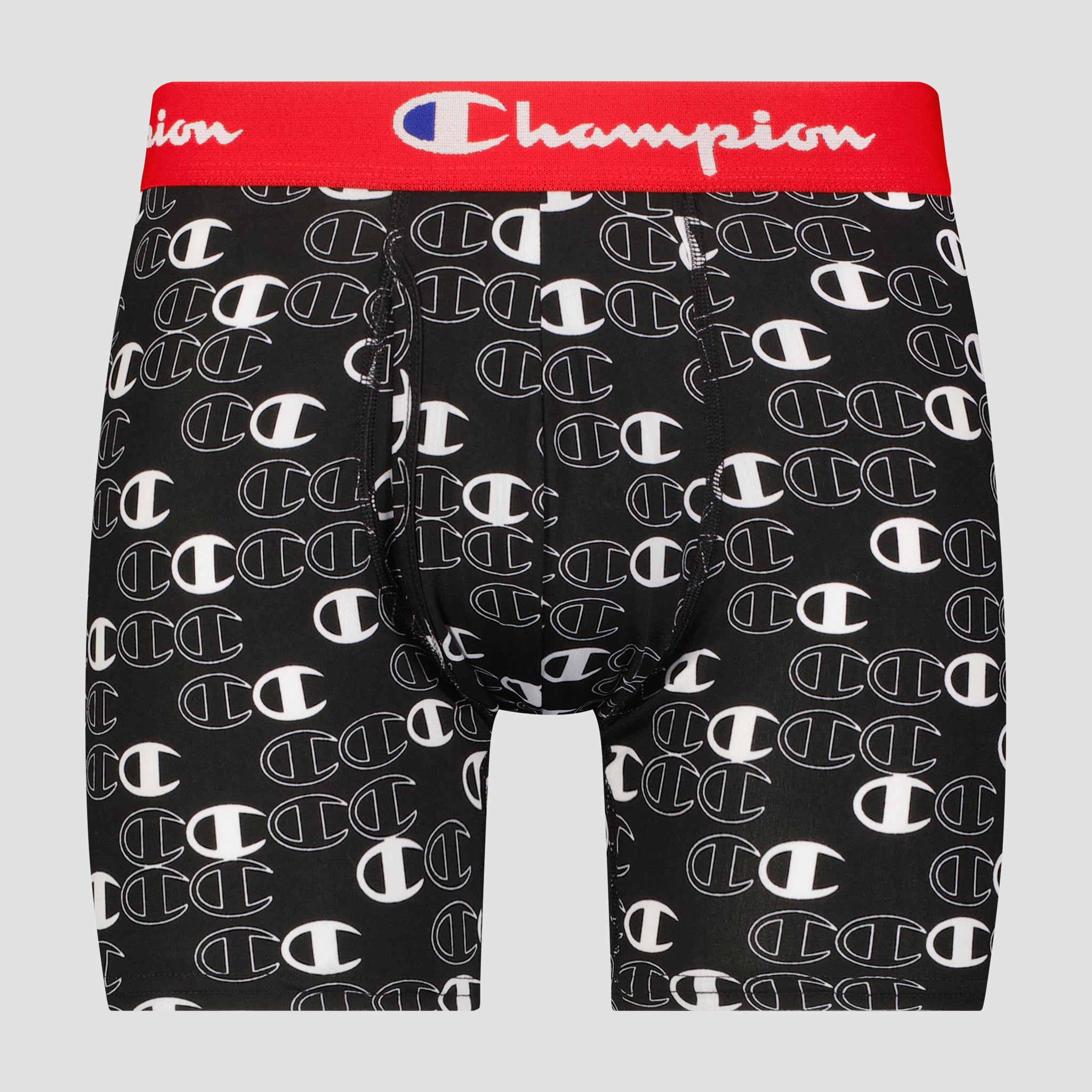 The Champion 3Pk Performance Boxer Briefs feature a black design with an all-over white Champion C logo and a red waistband with the white Champion logo.