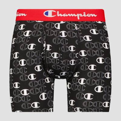 The Champion 3Pk Performance Boxer Briefs feature a black design with an all-over white Champion C logo and a red waistband with the white Champion logo.
