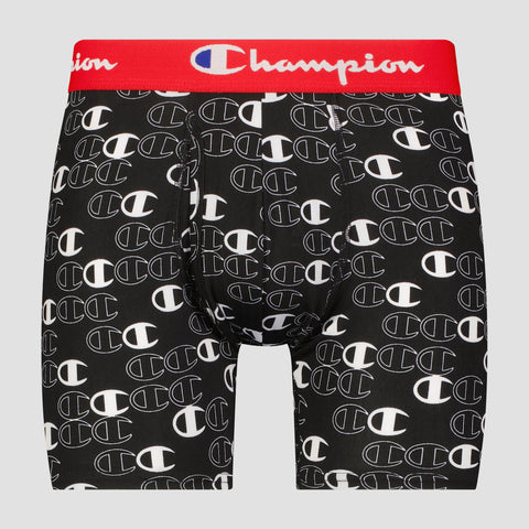 The Champion 3Pk Performance Boxer Briefs feature a black design with an all-over white Champion C logo and a red waistband with the white Champion logo.