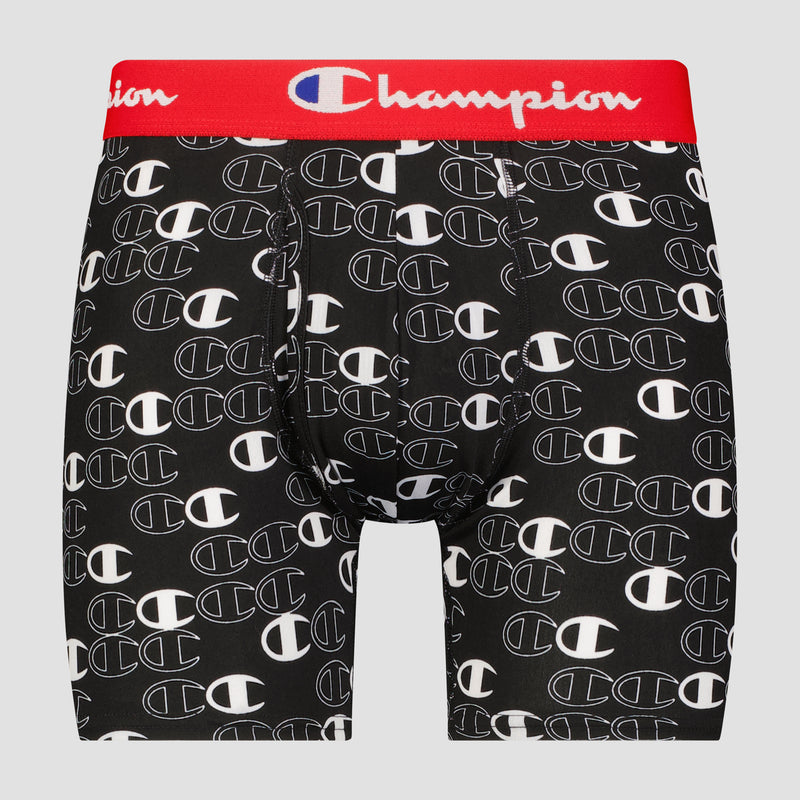 The Champion 3Pk Performance Boxer Briefs feature a black design with an all-over white Champion C logo and a red waistband with the white Champion logo.