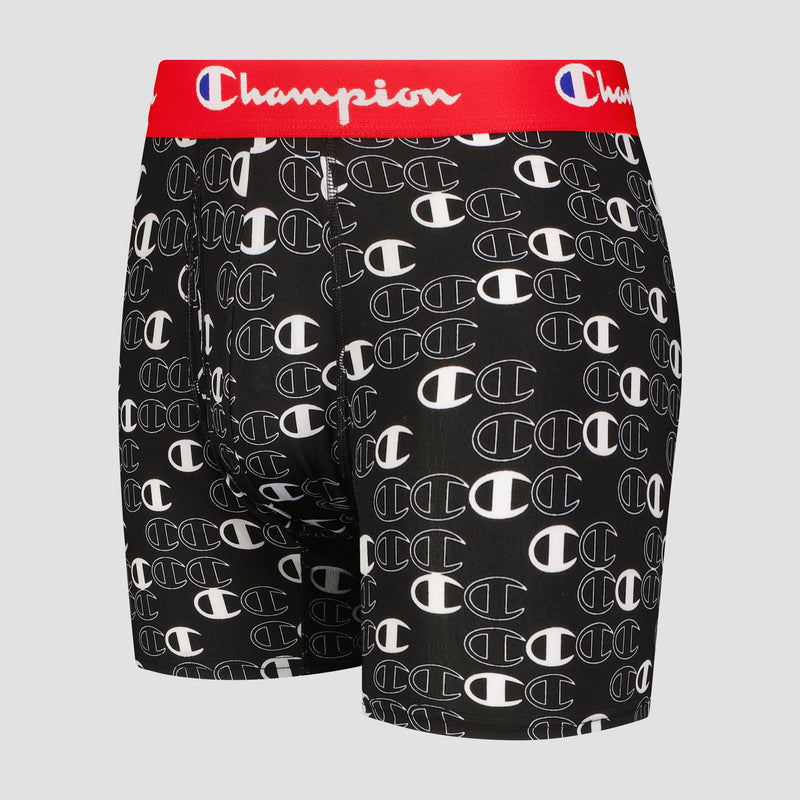 The Champion 3Pk Performance Boxer Brief features black stretch fabric, a repeating white C logo pattern, and a red waistband with the Champion name in white and blue—combining comfort and style for everyday wear.