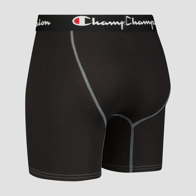 The Champion 4Pk Cotton Stretch Boxer Brief features black fabric with gray stitching and a black waistband with the Champion logo in white and red. Made from soft cotton stretch, this men's underwear is shown on a plain light gray background.