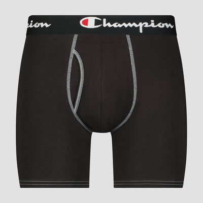 The Champion 4Pk Cotton Stretch Boxer Briefs for men feature black fabric with white contrast stitching, a black elastic waistband with the Champion logo in white and red, and smooth cotton stretch material for all-day comfort.