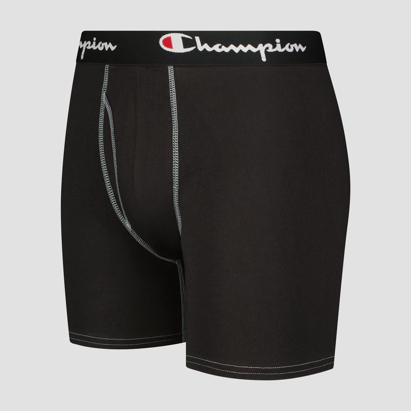 Champion 4Pk Cotton Stretch Boxer Briefs feature black cotton fabric with white stitching, a black waistband with the Champion logo in white and red, and a smooth, fitted design for comfort and support.