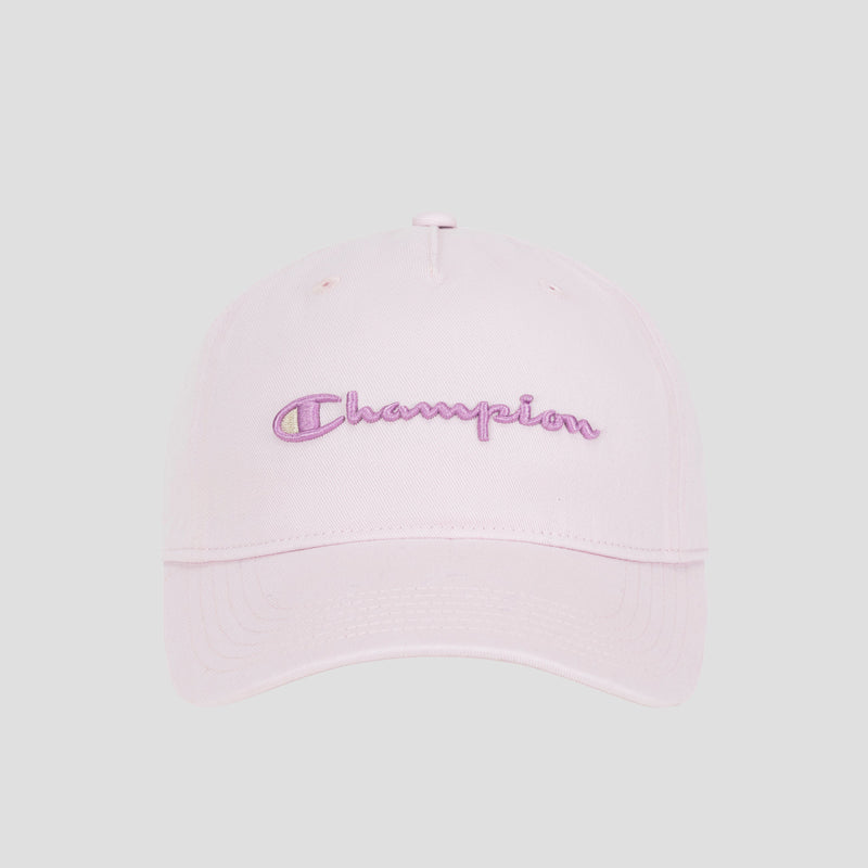 A light pink Champion Script Embroidery Adjustable Cap is shown against a plain gray background, featuring stylish script embroidery of the word “Champion” in purple and pink thread on the front for a sporty yet chic look.