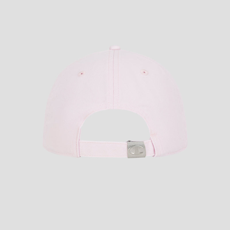 A light pink Script Embroidery Adjustable Cap by Champion is shown from the back, featuring an adjustable strap with a metal buckle. The cap has a plain design with no visible logos or embellishments, set against a light gray background.