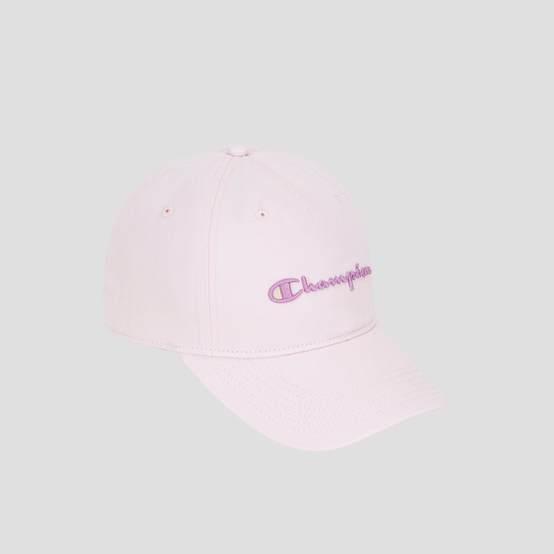 A light pink Script Embroidery Adjustable Cap by Champion, featuring a curved brim and “Champion” embroidered on the front in purple and pink script, set against a plain light gray background.