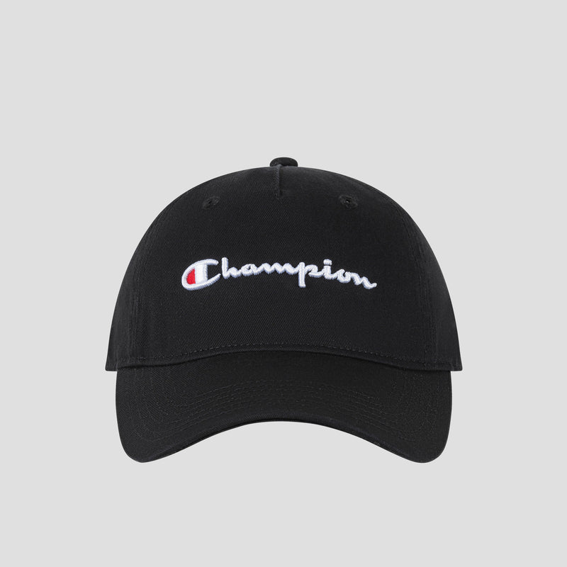 A black washed cotton twill Script Embroidery Adjustable Cap by Champion, featuring the brand’s name embroidered in white and red script on the front, is displayed against a plain light gray background.