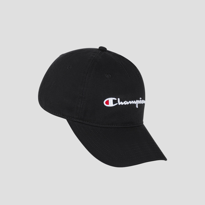 A black Script Embroidery Adjustable Cap by Champion, made from washed cotton twill and showcasing the classic Champion logo in white, red, and blue on the front. The cap is displayed against a plain light gray background.