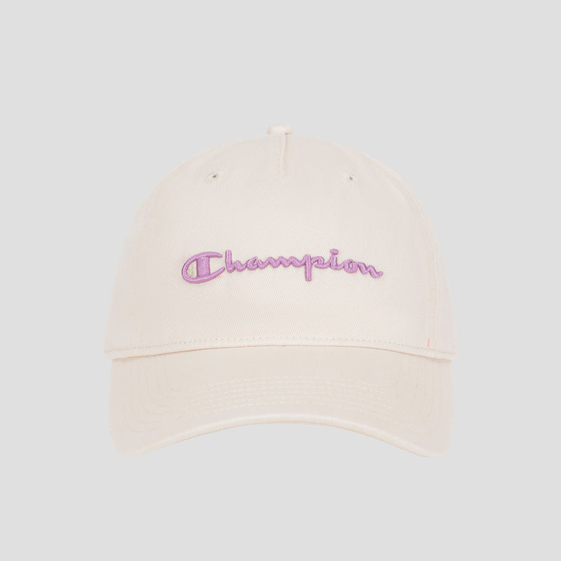 The Champion Script Embroidery Adjustable Cap is made from premium washed beige cotton twill and showcases “Champion” embroidered in purple cursive on the front, set against a simple light gray background.