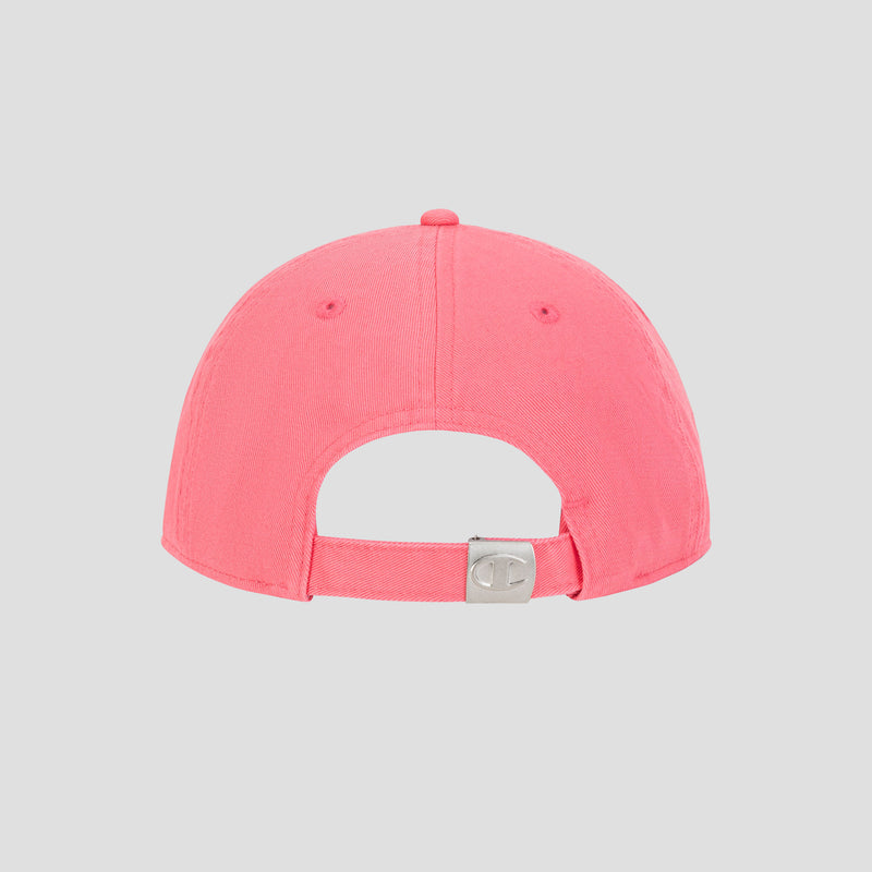 The Champion Script Embroidery Adjustable Cap is displayed from the back, highlighting its pink washed cotton twill material and adjustable strap with silver buckle. The cap is set against a plain light gray background.