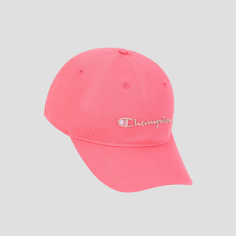 The Script Embroidery Adjustable Cap by Champion is crafted from bright pink washed cotton twill and features the signature Champion script embroidered in white and pink on the front. It comes with an adjustable strap and is presented against a plain light gray background.