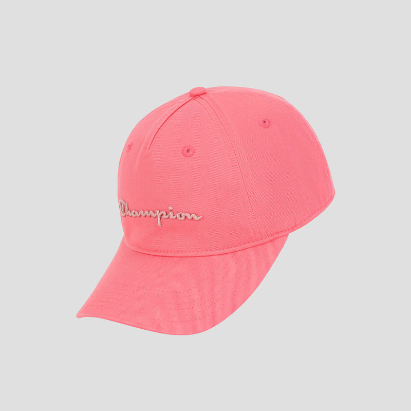 The Champion Script Embroidery Adjustable Cap is showcased against a plain light gray background. This cap is crafted from bright pink washed cotton twill and features the classic Champion script embroidered in white on the front, along with an adjustable strap for a customized fit.