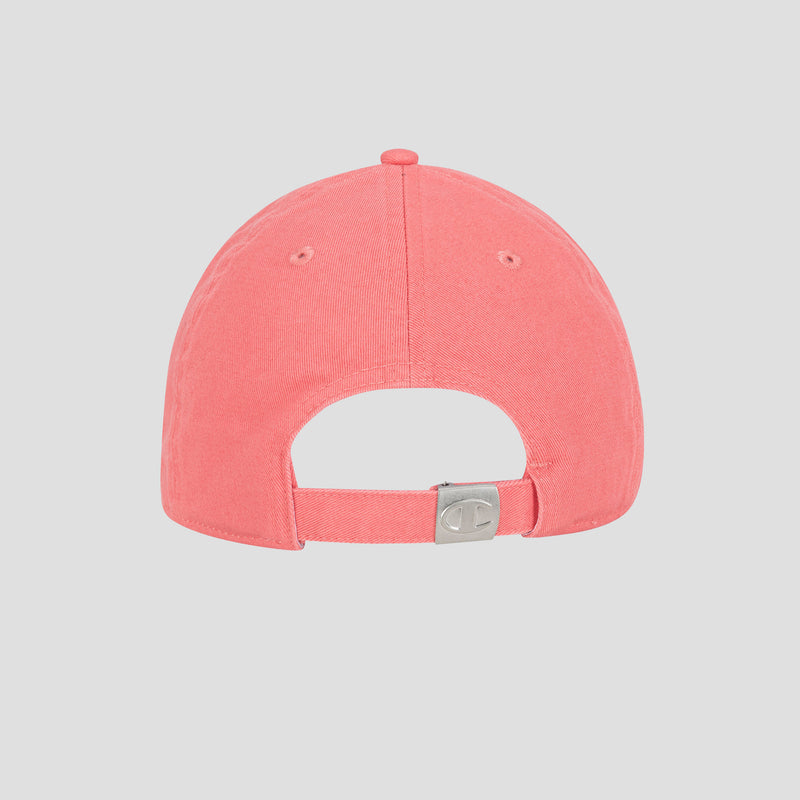 A rear view of the Champion Script Embroidery Adjustable Cap in pink washed cotton twill, showcasing its adjustable strap with a metallic clasp and a small round button on top. The background is plain light gray.