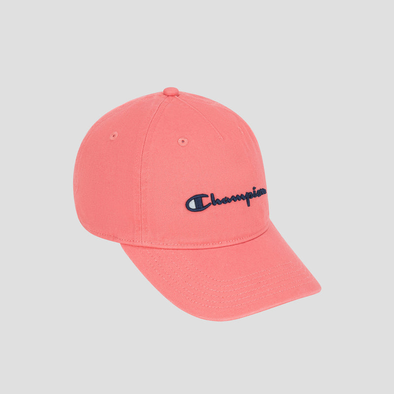 The Script Embroidery Adjustable Cap by Champion is made from washed cotton twill in pink, with “Champion” and the brand’s logo embroidered on the front in blue and white. Shown against a plain light gray background, it’s an ideal accessory to showcase Champion heritage in your look.