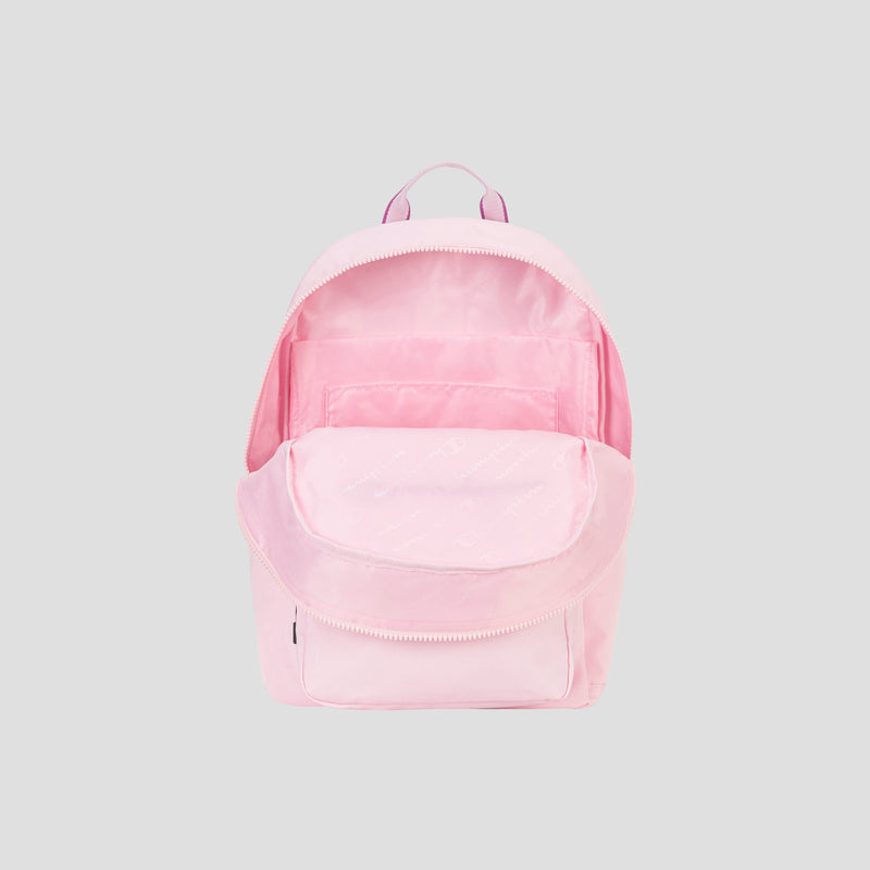 A light pink Steady Backpack by Champion with an open main compartment and front pocket, displayed against a plain gray background. The backpack includes a small top handle, a padded laptop sleeve inside, and has no visible external branding.
