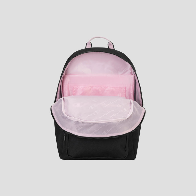 The Champion Steady Backpack in black, featuring a light pink interior, is displayed open to show its multiple compartments and pockets for organization—including a padded laptop sleeve—against a plain light gray background.