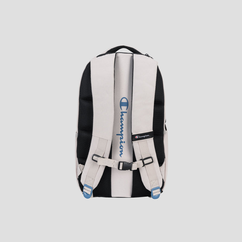 A beige and black Champion Summit Backpack featuring padded shoulder straps, a weather-resistant black mesh backing, a blue Champion logo on the back panel, and a dedicated padded laptop sleeve, displayed on a light grey background.
