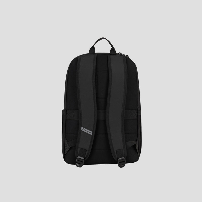 The Champion System Backpack is displayed from the back against a light gray background, highlighting its clean, minimalist design. It features two adjustable shoulder straps and a top carrying handle for easy transport. Designed for versatility, this black backpack offers multiple storage compartments and includes a padded laptop sleeve for enhanced functionality.
