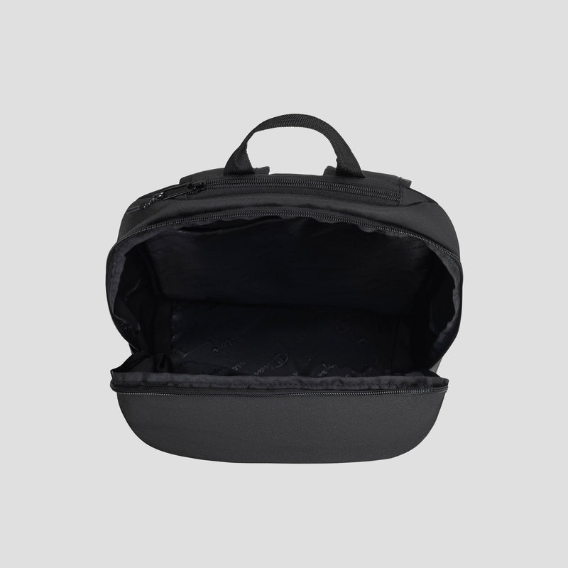 The Champion System Backpack is shown open against a plain gray background, displaying its empty main compartment with a visible zipper and handle, as well as multiple storage compartments for easy organization.