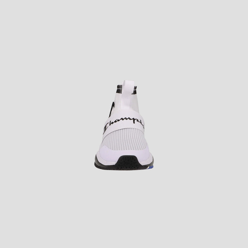 The Champion Kids' Rally Pro shoe is a stylish, comfortable slip-on with a white mesh upper, black outsole, and a "Champion" strap across the top—perfect for kids and easy to wear.