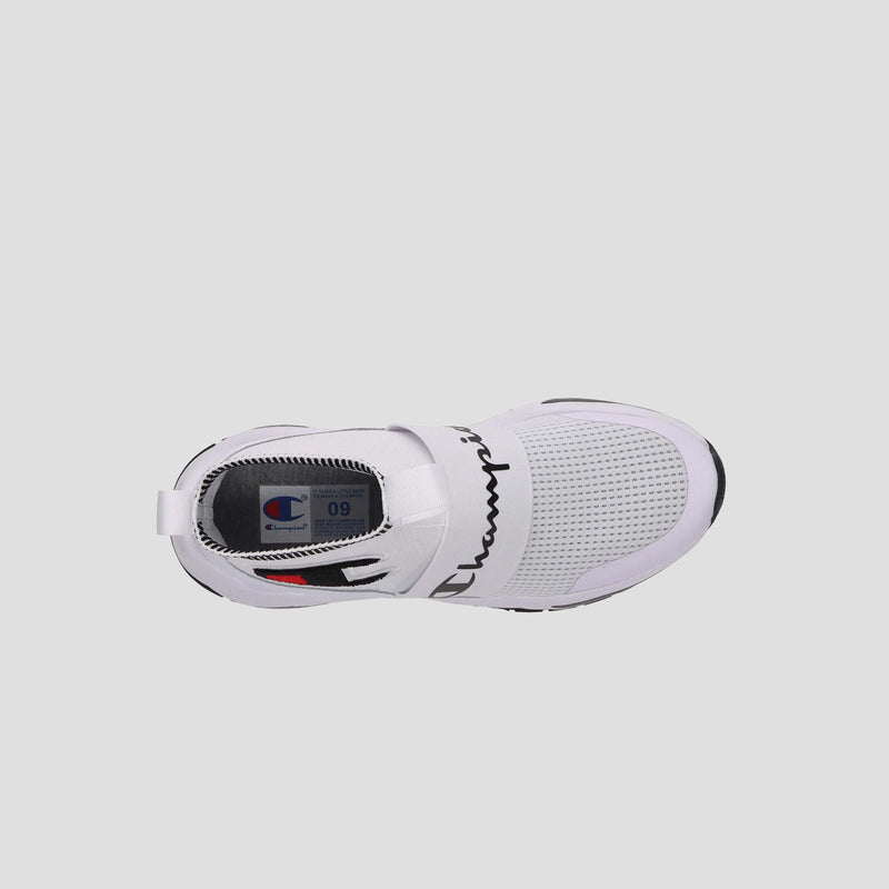 Top view of the Champion Kids' Rally Pro sneaker: white knit mesh upper, elastic midfoot strap, black outsole accents, and visible size label—ideal for kids seeking comfortable slip-on shoes.