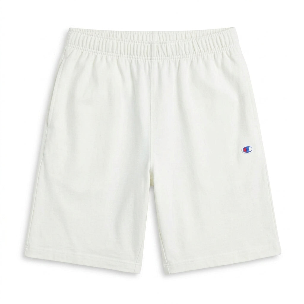 White shorts with a small logo on a white background