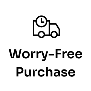 A black outline of a delivery truck with a clock above the words "Worry-Free Purchase" represents Seel’s reliable, stress-free shopping experience, offering extra protection for peace of mind.