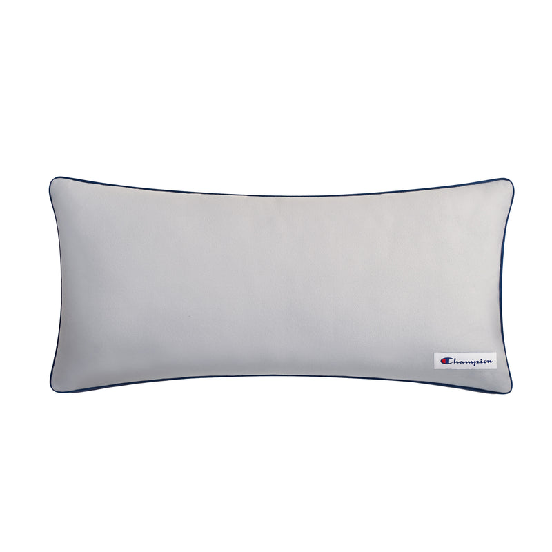 A Champion Faux Wool Body Pillow in a rectangular shape features a light gray faux wool cover, plush polyester fill, dark edge piping, and a small Champion logo tag in the bottom right corner.