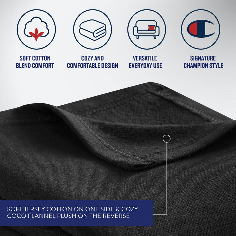 Close-up of the black Champion Jersey with Fleece Backing Throw Blanket, with icons above illustrating soft cotton comfort, a cozy design, versatile use, and signature Champion style. Text highlights soft jersey cotton on one side and plush flannel fleece on the reverse—this athletic throw blanket offers everyday versatility along with renowned Champion aesthetics for ultimate comfort.