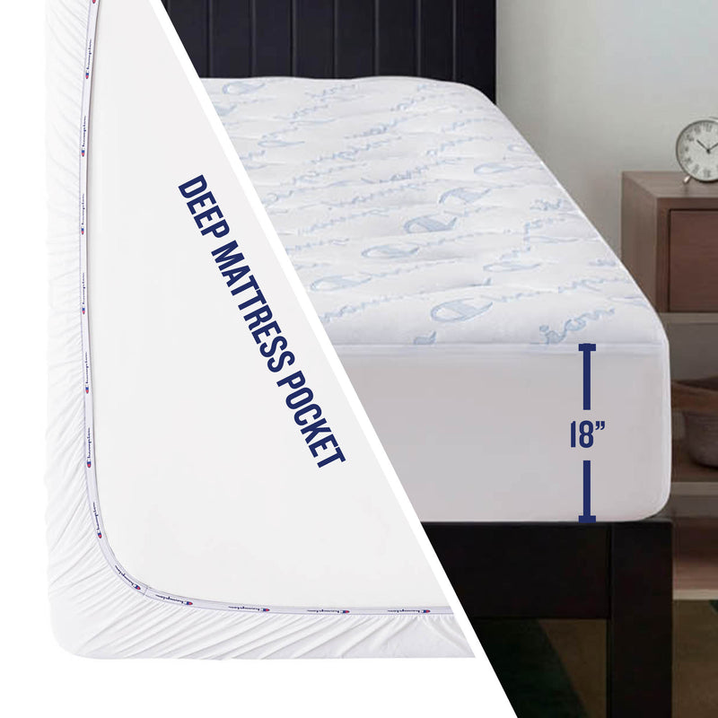A Champion Cooling Knit Mattress Pad featuring a white, antimicrobial cover with a deep 18-inch mattress pocket is displayed beside a bedroom scene with a bed, nightstand, clock, and small plant.