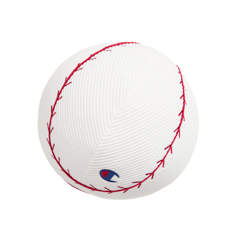 The Champion Sport Shaped Pillows—a white, textured baseball-shaped pillow with red stitching and a small blue and red Champion logo near the seam—make the perfect decorative accent for any space.