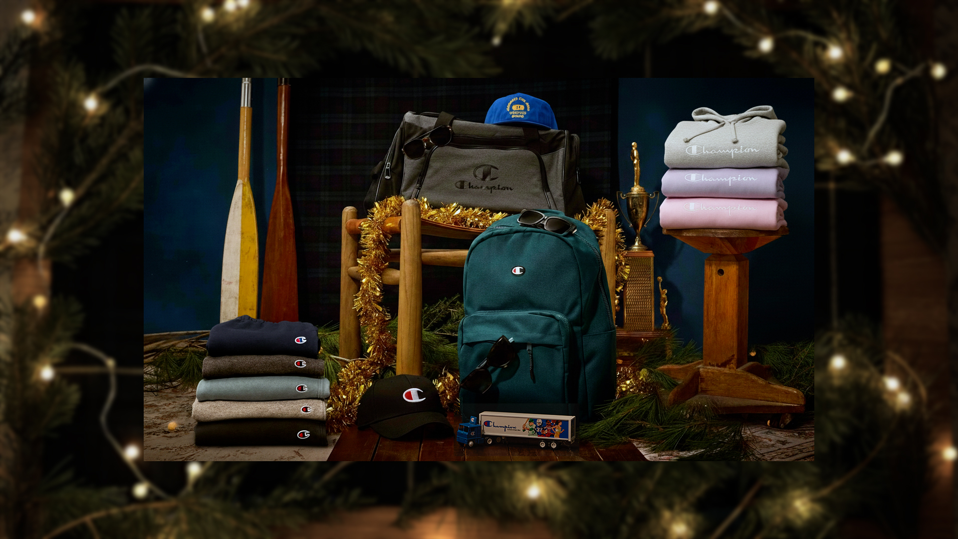 Collection of backpacks and bags displayed on a dark background with decorative elements.