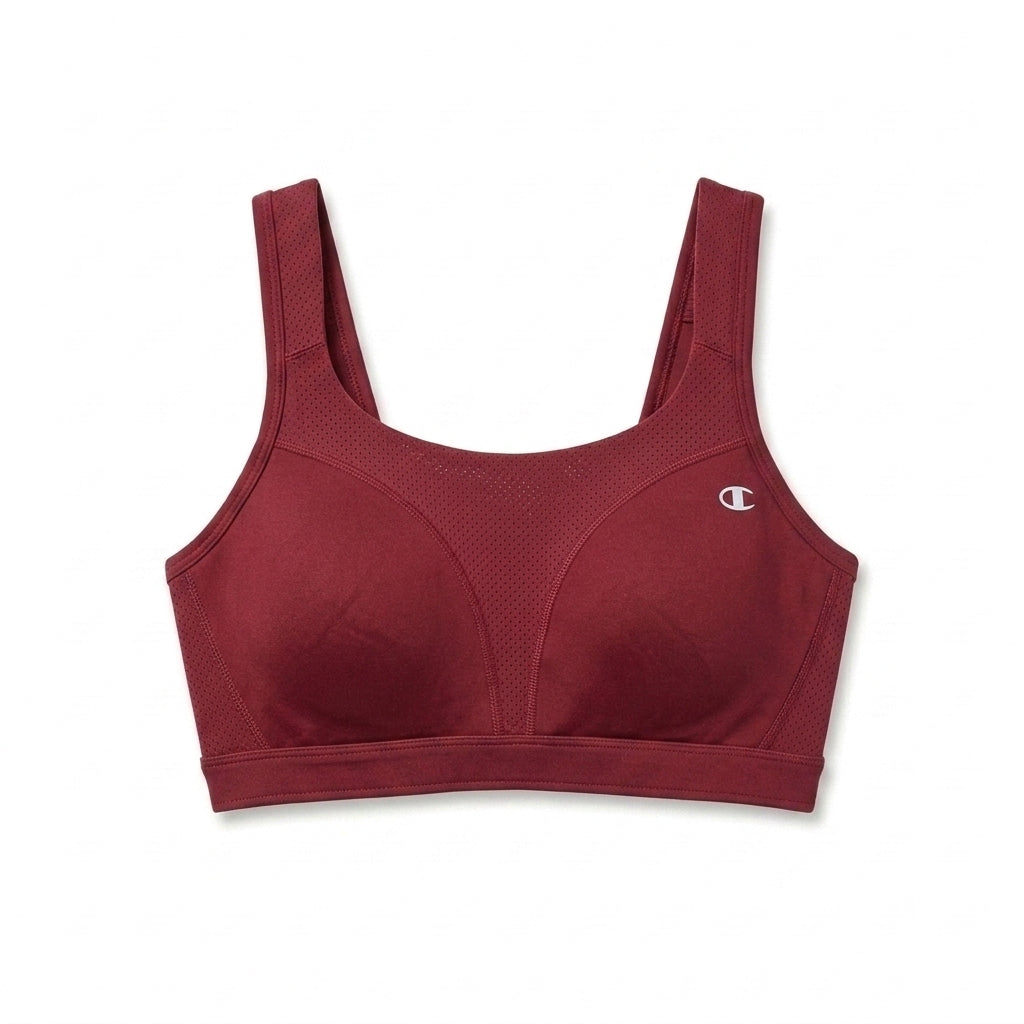 Red sports bra with Champion logo on a white background