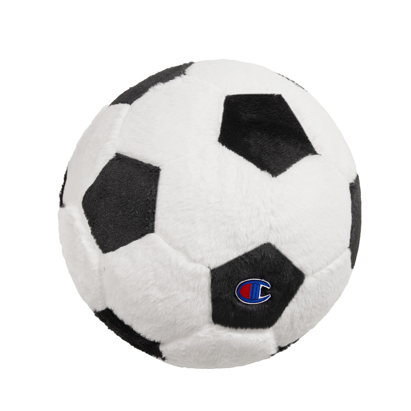 A Champion Sport Shaped Pillow designed as a black-and-white plush soccer ball, featuring the Champion logo embroidered on a white panel and accented with a stylish corduroy texture for added appeal.