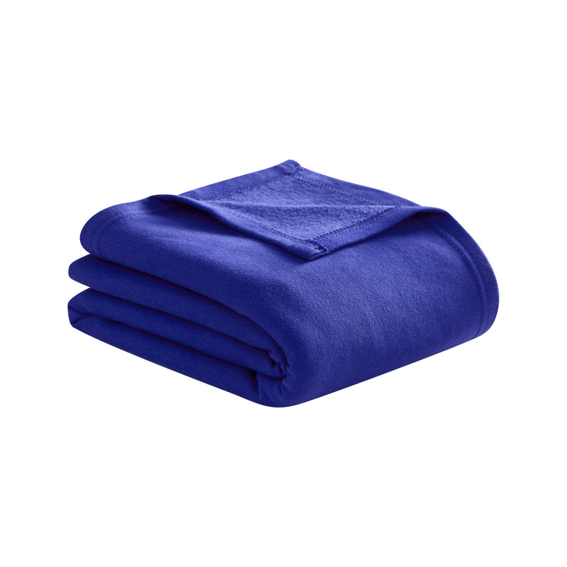 A neatly folded, bright blue Jersey with Fleece Backing Throw Blanket by Champion is displayed on a white background.