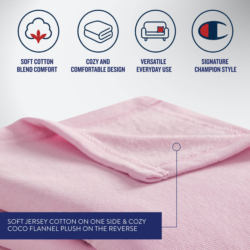 Close-up of a light pink fabric with icons and text highlighting soft cotton blend comfort, cozy design, versatile use, and signature Champion style. The Champion Jersey with Fleece Backing Throw Blanket combines smooth jersey knit on one side with plush flannel on the reverse, delivering the feel of your favorite fleece blanket for ultimate relaxation.
