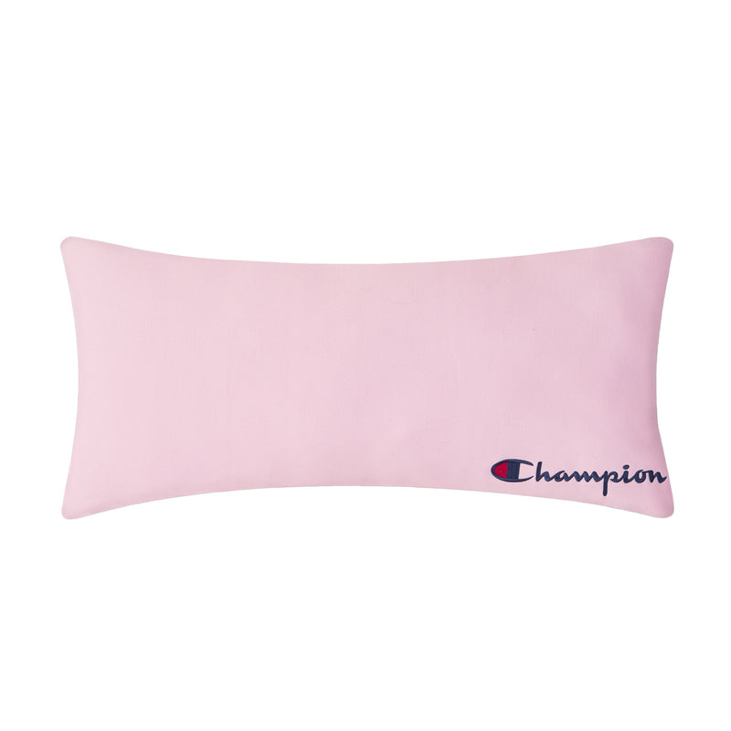 A rectangular Jersey Body Pillow from Champion in light pink jersey knit, featuring the brand’s iconic blue and red embroidered logo on the bottom right corner—an athletic-inspired accent ideal for any space.
