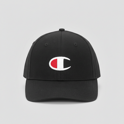 Black cap with a logo on a light gray background
