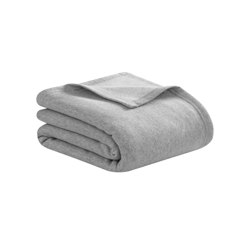 A neatly folded light gray Jersey with Fleece Backing Throw Blanket by Champion, featuring finished edges and displayed on a white background.