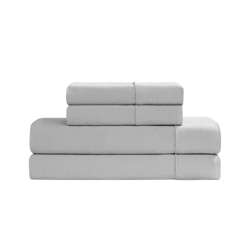 A neatly folded stack of the Champion Elastic Logo Microfiber Sheet Set and pillowcases in light gray is displayed against a white background.