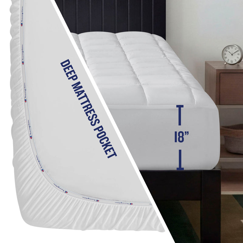 Split image featuring a close-up of the Champion Ultimate Protection Mattress Pad with text “DEEP MATTRESS POCKET” and a side view highlighting its 18″ depth, next to a nightstand with a clock and books. Offers moisture wicking and water resistant benefits for enhanced comfort and protection.