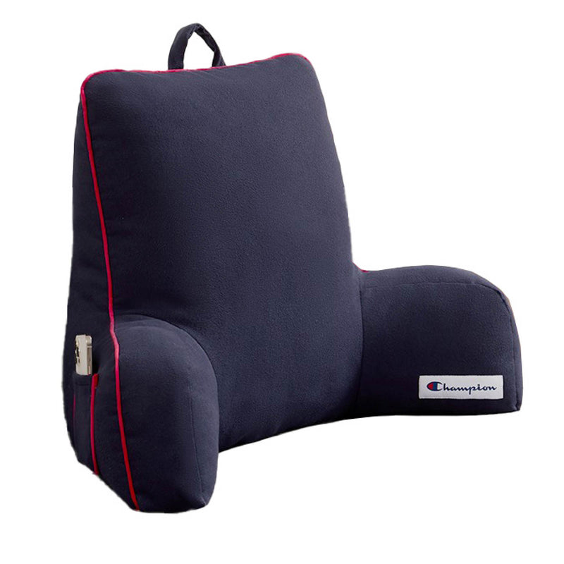 The Champion Faux Wool Backrest Pillow features a dark blue design with arms, red piping accents, a convenient top handle, and the Champion logo patch on the lower right. Made from soft faux wool for enhanced comfort, it also includes a small pocket on the left side.