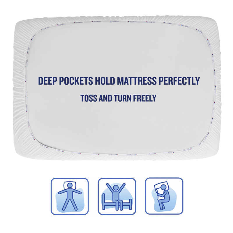 A Champion Ultimate Protection Mattress Pad is shown on a mattress with text reading: “Deep pockets ensure a perfect fit.” Moisture-wicking fabric keeps you cool and dry as you toss and turn. Three icons below illustrate various sleeping positions.