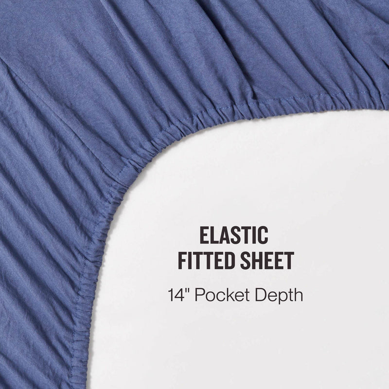 Close-up of a blue elastic fitted sheet from the Champion Embroidery Patch Microfiber Sheet Set on a mattress, showing its gathered edge. Text reads: Elastic Fitted Sheet. 14″ Pocket Depth.