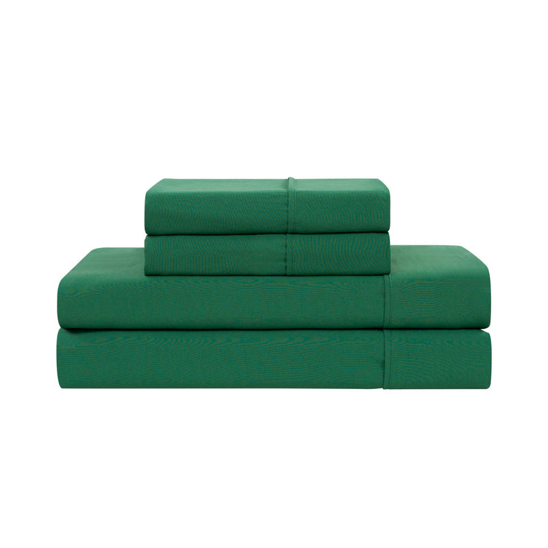 A neatly folded Champion Elastic Logo Microfiber Sheet Set in green, including pillowcases, flat sheet, and fitted sheet, stacked on a white background.